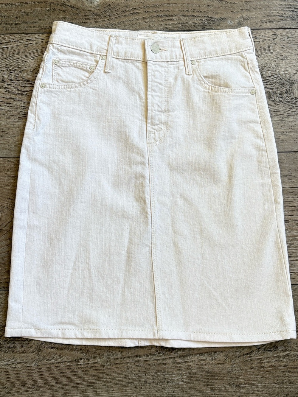 MOTHER Denim The Down Low Spinner White Jean Pencil Midi Skirt in Act Natural